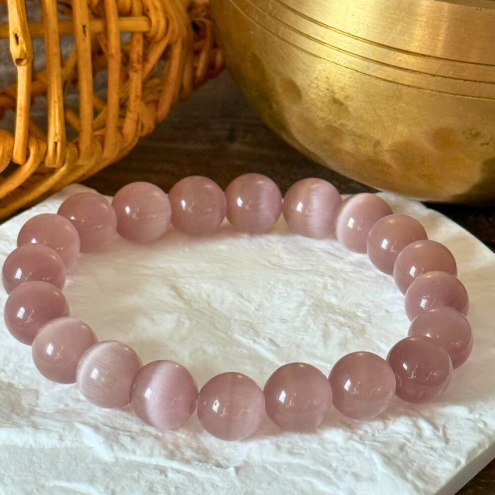 Dusty Rose Cat’s Eye Crystal 10MM Beaded Stretch Bracelet Gemstone Jewelry - Picture 7 of 10